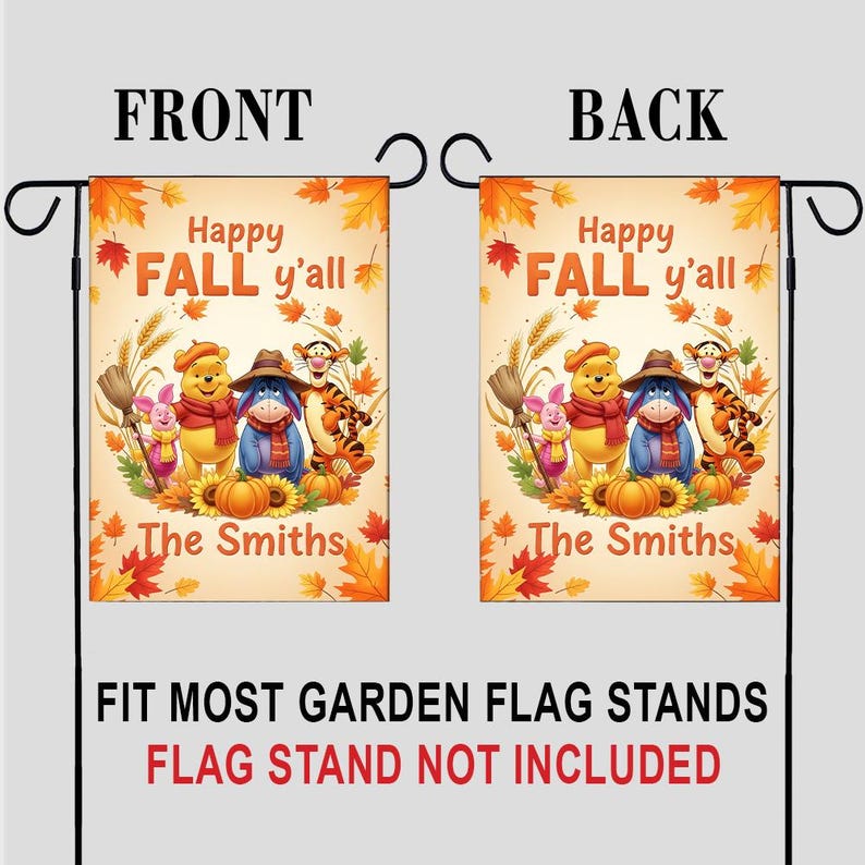 May include: A double-sided garden flag with the text "Happy Fall y'all" and "The Smiths". The flag features cartoon characters, pumpkins, and fall leaves. The flag is designed to fit most garden flag stands.