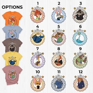 May include: A collection of t-shirts in various colors, each featuring a different character from the animated film "Zootopia". The shirts display circular designs with character illustrations and the film's logo. The word "OPTIONS" is at the top.