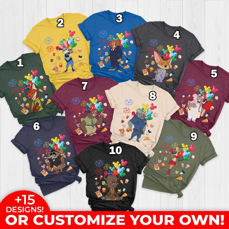 Puede incluir: Una colecci&oacute;n de diez camisetas coloridas, cada una con un dise&ntilde;o de personaje de dibujos animados diferente con fuegos artificiales y gr&aacute;ficos de globos. Las camisetas son de varios colores, incluyendo verde, amarillo, azul y negro. El texto en la parte inferior dice "+15 DESIGNS! OR CUSTOMIZE YOUR OWN!"