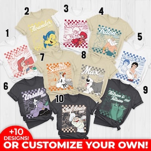 May include: A collection of ten graphic t-shirts featuring characters from a popular animated film. Designs include Ariel, Flounder, Sebastian, Triton, Prince Eric, Ursula, Scuttle, Max, Flotsam & Jetsam, and Chef Louis. Each shirt has a character name and the year 1989.