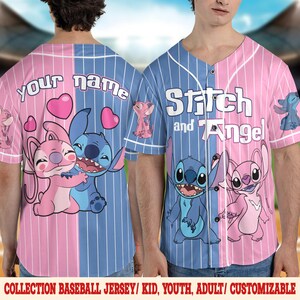 May include: Baseball jersey featuring Stitch and Angel characters. The jersey is split vertically, with a pink and blue color scheme. The back of the jersey says "your name". The front says "Stitch and Angel".