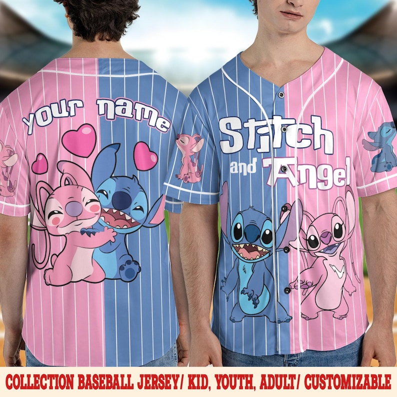 May include: Baseball jersey featuring Stitch and Angel characters. The jersey is split vertically, with a pink and blue color scheme. The back of the jersey says "your name". The front says "Stitch and Angel".