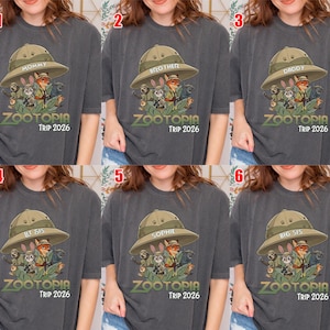 May include: A selection of grey t-shirts with a Zootopia design, a safari hat, and the text "ZOOTOPIA TRIP 2026". Each shirt has a different name on the hat: Mommy, Brother, Daddy, Lil Sis, Sophie, and Big Sis.