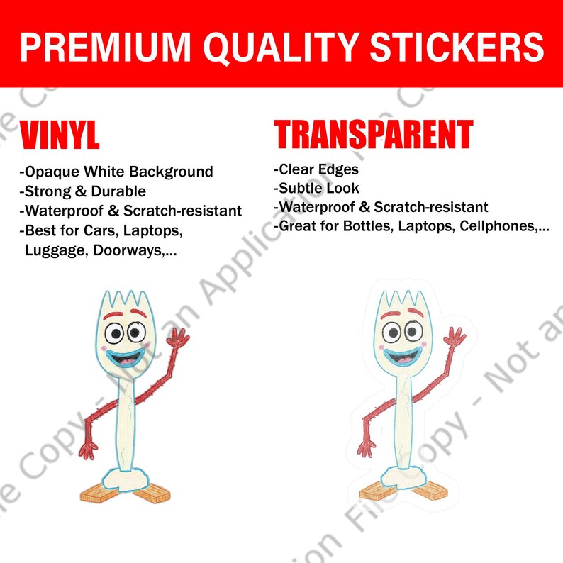 May include: Image features two stickers of a cartoon fork character. One is vinyl with an opaque white background, and the other is transparent with clear edges. Both are waterproof and scratch-resistant. Text at the top reads "PREMIUM QUALITY STICKERS."
