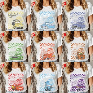 May include: White t-shirts with various cartoon car designs. Each shirt features a different character's name, the year 2006, and the "Rusteze" logo. The designs include Luigi, Sally, Doc, Chick Hicks, Mack, Mater, McQueen, Guido, and Ramone.