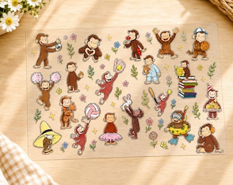 Curious Monkey UV dtf Sticker Wrap, Cute Monkey Transfer Decal, Waterproof UV dtf Cup Sticker, Cartoon Sticker, Glass Can Decal GRD-XLA29
