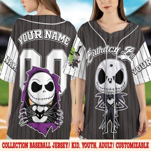 May include: Gray baseball jersey with white pinstripes, featuring a Jack Skellington graphic. The jersey has white sleeves and the text "YOUR NAME" and "Birthday" on the front. The bottom of the jersey reads "COLLECTION BASEBALL JERSEY/ KID, YOUTH, ADULT/ CUSTOMIZABLE".