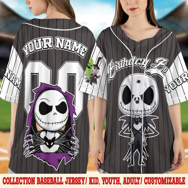 May include: Gray baseball jersey with white pinstripes, featuring a Jack Skellington graphic. The jersey has white sleeves and the text "YOUR NAME" and "Birthday" on the front. The bottom of the jersey reads "COLLECTION BASEBALL JERSEY/ KID, YOUTH, ADULT/ CUSTOMIZABLE".