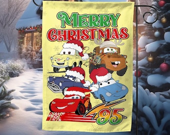Disney Cars Christmas Garden Flag, Holiday Family Yard Flag,Retro Lightning Mcqueen Christmas Banner,Festive Disney Style Decor JCSK35