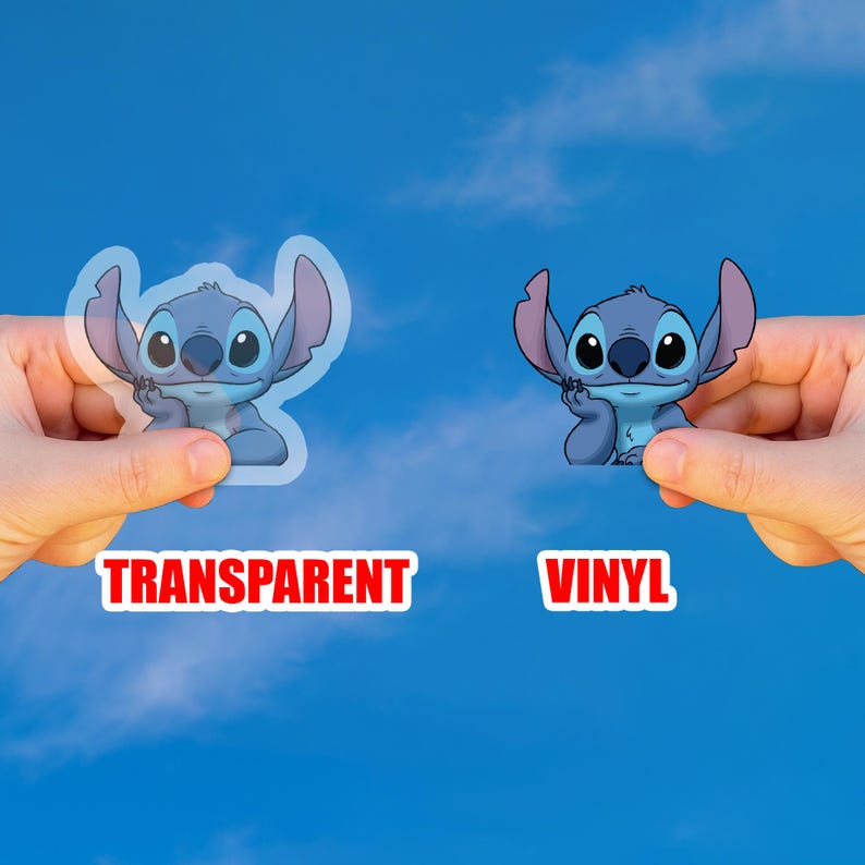 May include: Two stickers featuring the character Stitch from Lilo & Stitch are held up against a blue sky. One is transparent, the other vinyl. The word "TRANSPARENT" is in a red box, and "VINYL" is in a red box.