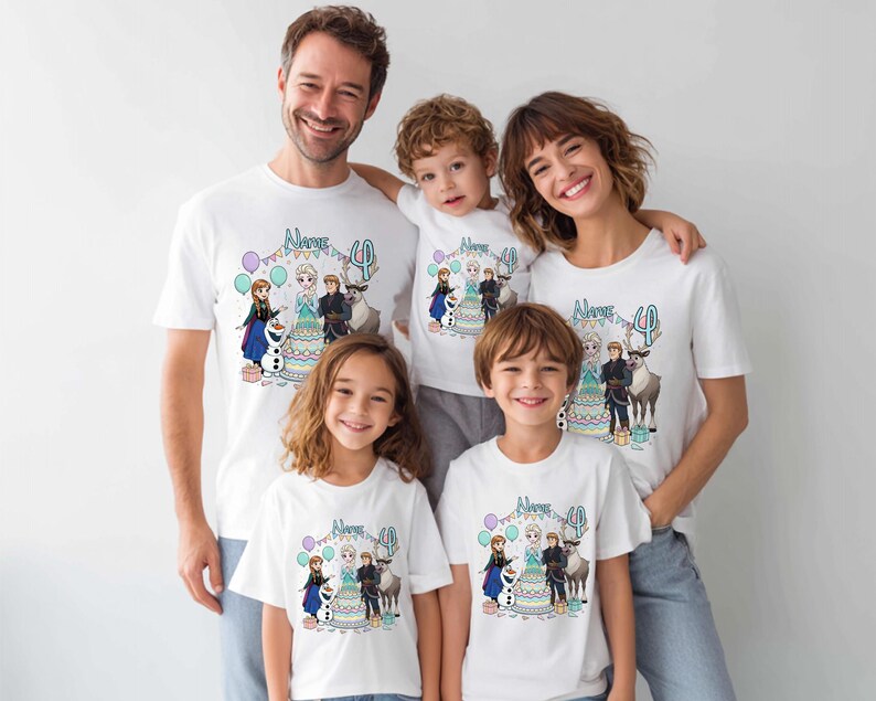 May include: A family of five wearing white t-shirts with a colourful graphic from the film "Frozen", a birthday cake and the number 4. The coordinated design is suitable for a birthday celebration.