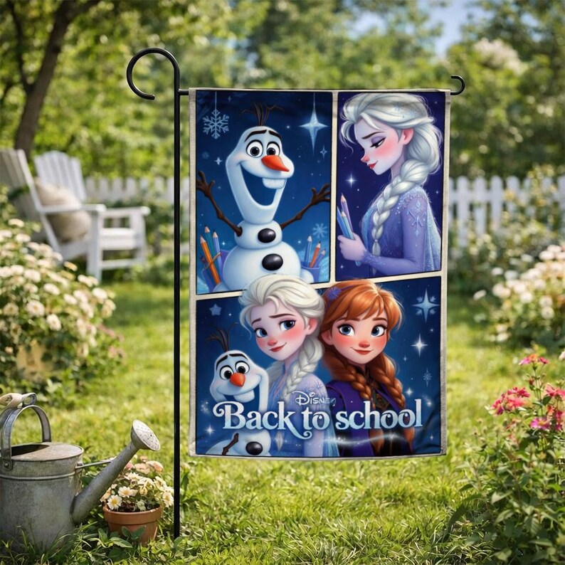 May include: A rectangular garden flag featuring characters from the Disney movie Frozen. The flag has a blue background with images of Olaf the snowman, Elsa, and Anna. The words "Back to school" are printed on the flag.