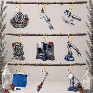 May include: A collection of nine hanging Christmas ornaments featuring engineering and mechanical tools including gears, a caliper, a micrometer, an engine block, a CNC machine, a robotic arm, a blueprint, a torque wrench, and a dial indicator.