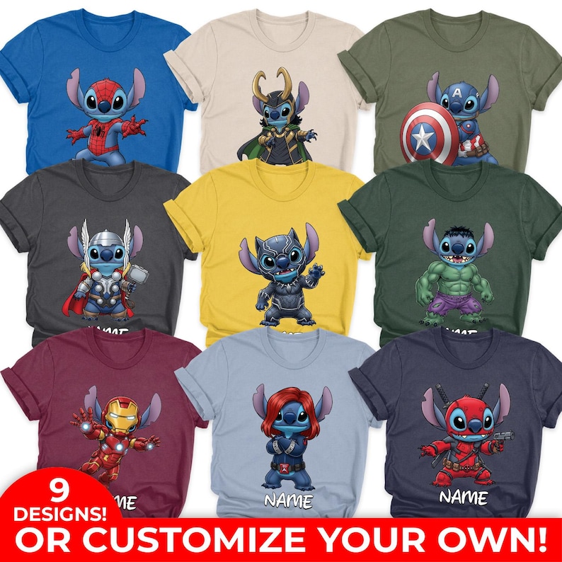 Puede incluir: Una colecci&oacute;n de nueve camisetas gr&aacute;ficas con el personaje Stitch con varios disfraces de superh&eacute;roes. Las camisetas son de diferentes colores, incluyendo azul, gris, amarillo y granate. El texto "9 DESIGNS! OR CUSTOMIZE YOUR OWN!" se muestra en la parte inferior.