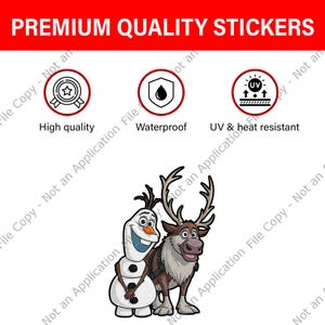Puede incluir: Pegatinas de alta calidad con Olaf el mu&ntilde;eco de nieve y Sven el reno de Frozen. Las pegatinas son de alta calidad, impermeables y resistentes a los rayos UV y al calor. El texto "PREMIUM QUALITY STICKERS" se muestra en la parte superior.
