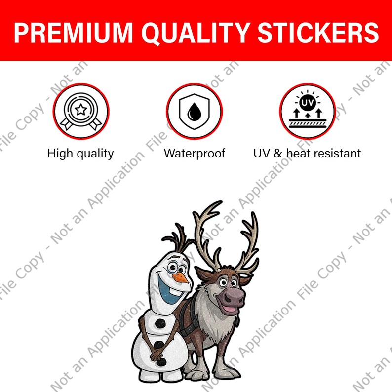 Puede incluir: Pegatinas de alta calidad con Olaf el mu&ntilde;eco de nieve y Sven el reno de Frozen. Las pegatinas son de alta calidad, impermeables y resistentes a los rayos UV y al calor. El texto "PREMIUM QUALITY STICKERS" se muestra en la parte superior.