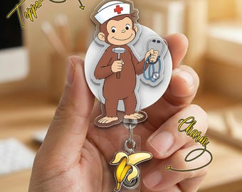 Curious George Badge Reel, Funny Monkey ID Holder, Retractable Clip for Nurse Teacher Student, Classic Cartoon Work Badge Reel Gift G6GY01-1