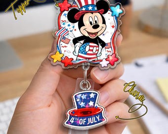 Mickey Patriotic Badge Reel American Flag Bow, 4th of July Nurse ID Holder,Cute USA Holiday Gift, 5th of July Retractable ID Holder G6IC02-1