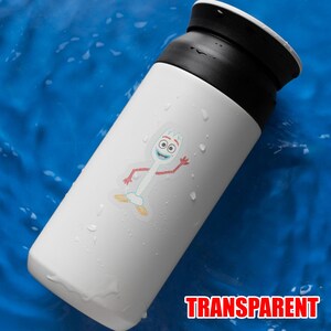 May include: White insulated tumbler with a black lid, featuring a cartoon image of Forky from Toy Story. The tumbler has a cartoon image of Forky on the side. The word "TRANSPARENT" is printed in red at the bottom.