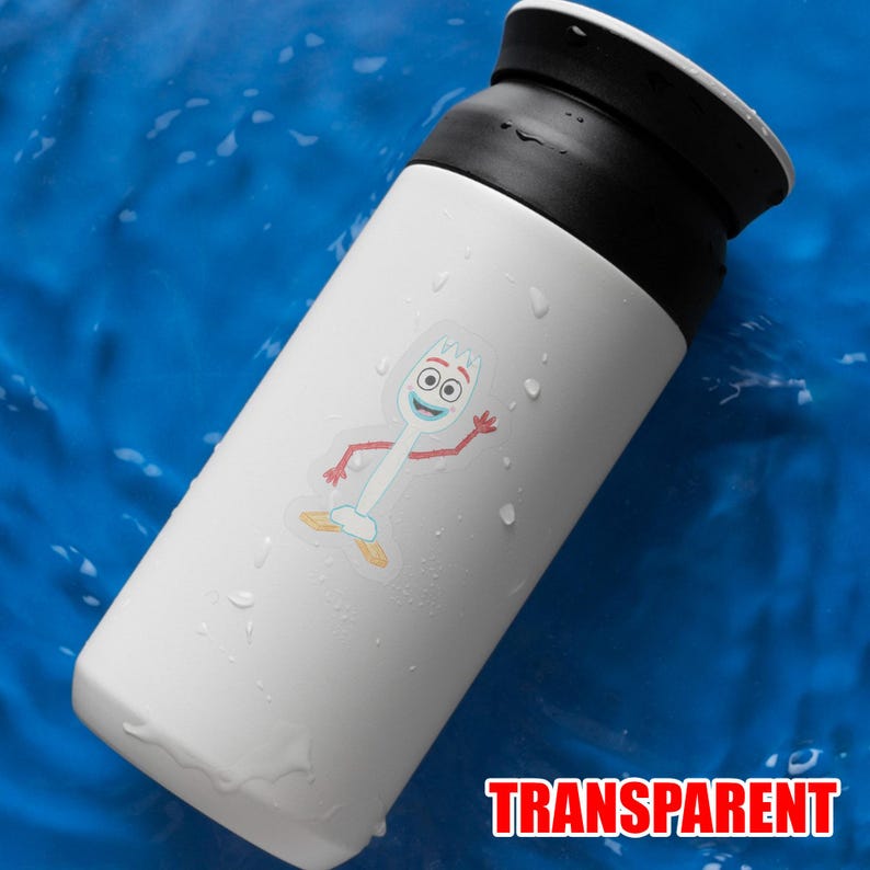 May include: White insulated tumbler with a black lid, featuring a cartoon image of Forky from Toy Story. The tumbler has a cartoon image of Forky on the side. The word "TRANSPARENT" is printed in red at the bottom.