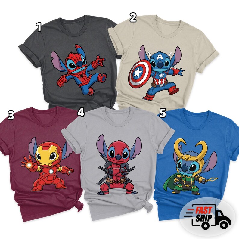 May include: Five t-shirts featuring the character Stitch in various superhero costumes. The shirts are in different colors: dark gray, tan, burgundy, gray, and blue. Each shirt has a different superhero theme, including Spider-Man, Captain America, Iron Man, Deadpool, and Loki.