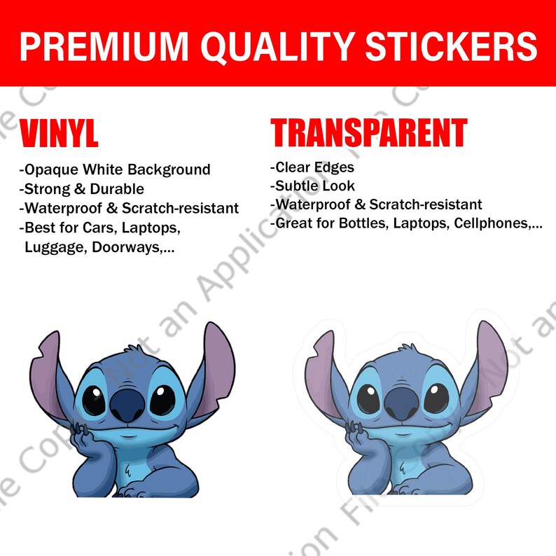 May include: The image showcases two stickers featuring a blue cartoon character. The text at the top reads "PREMIUM QUALITY STICKERS." One sticker is vinyl with an opaque white background, and the other is transparent with clear edges.
