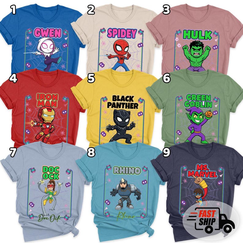 May include: A selection of vibrant graphic t-shirts showcasing superhero characters such as Gwen, Spidey, Hulk, Iron Man, Black Panther, Green Goblin, Doc Ock, Rhino, and Ms. Marvel. Each tee has a distinct design.