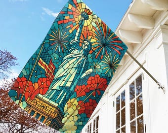 Bandera de jardín con vitrales de la Estatua de la Libertad y fuegos artificiales / Bandera patriótica de vitrales / Decoración del 4 de julio de EE. UU. / Bandera de la Libertad C1GQ02