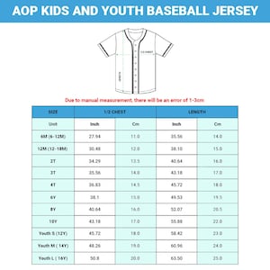 Puede incluir: Un diagrama de una camiseta de b&eacute;isbol juvenil con medidas en pulgadas y cent&iacute;metros. La tabla incluye tallas desde 6 meses hasta Youth Large (16Y), con medidas de pecho y largo. El texto "AOP KIDS AND YOUTH BASEBALL JERSEY" est&aacute; en la parte superior.