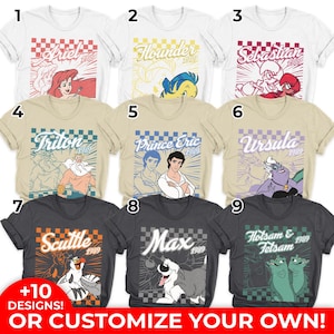 May include: Collection of graphic t-shirts featuring characters from a classic animated film. Designs include Ariel, Flounder, Sebastian, Triton, Prince Eric, Ursula, Scuttle, Max, and Flotsam & Jetsam. Each shirt has a character graphic and the year 1989.