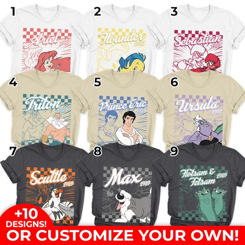 May include: Collection of graphic t-shirts featuring characters from a classic animated film. Designs include Ariel, Flounder, Sebastian, Triton, Prince Eric, Ursula, Scuttle, Max, and Flotsam & Jetsam. Each shirt has a character graphic and the year 1989.