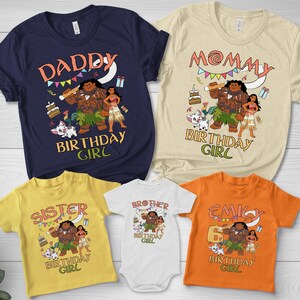 May include: A collection of five t-shirts and one baby bodysuit in navy, cream, yellow, white, and orange. Each garment features a graphic print of characters from Moana, including Maui, Moana, and Pua, with birthday-themed text and illustrations.