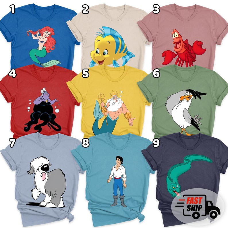 May include: A collection of nine short-sleeved t-shirts in various colours, each featuring a different character from The Little Mermaid. The shirts display Ariel, Flounder, Sebastian, Ursula, King Triton, Scuttle, Max the dog, Prince Eric, and Flotsam.