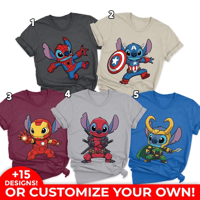 May include: Collection of t-shirts featuring cartoon character Stitch in various superhero costumes. Designs include Spider-Man, Captain America, Iron Man, Deadpool, and Loki. The shirts are in various colors, including gray, beige, burgundy, and blue. Text on the bottom reads "+15 DESIGNS! OR CUSTOMIZE YOUR OWN!"