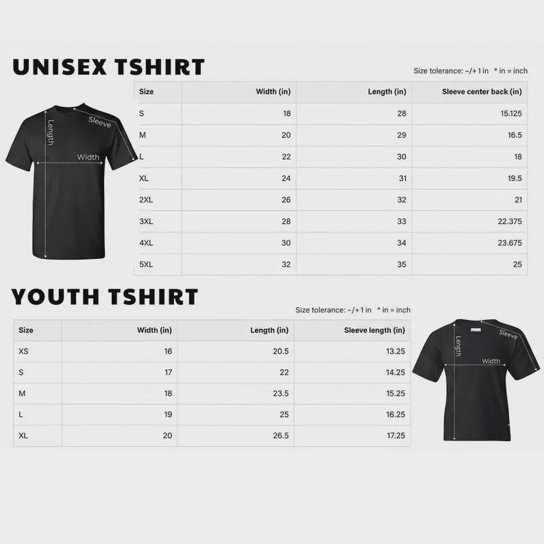 Puede incluir: Una tabla de tallas de camisetas negras para tallas unisex y juveniles. La tabla incluye medidas de ancho, largo y largo de manga en pulgadas. El texto "UNISEX TSHIRT" y "YOUTH TSHIRT" est&aacute; en la parte superior de la tabla.