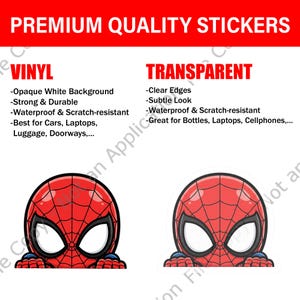 May include: The image showcases two stickers featuring a cartoon Spider-Man head. The text at the top reads "PREMIUM QUALITY STICKERS." The left side describes vinyl stickers with an opaque white background. The right side describes transparent stickers with clear edges.