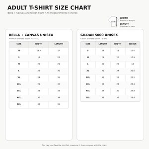 May include: An adult t-shirt size chart featuring Bella + Canvas and Gildan 5000 unisex options. The chart displays measurements in inches for sizes XS through 5XL, including width, length, and sleeve dimensions with a visual guide for measuring.