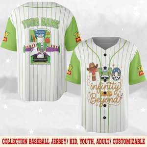 May include: White baseball jersey with green sleeves and pinstripes. The front features the text "Two Infinity and Beyond" with a cowboy hat and a space-themed design. The back has a Buzz Lightyear graphic and the text "YOUR NAME".
