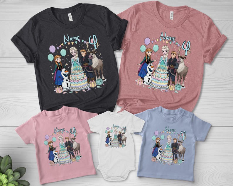 May include: A selection of children's t-shirts and a babygrow with a vibrant graphic of animated film characters. The design includes the text "Name" and the number "4", plus balloons and a birthday cake, perfect for a fourth birthday.