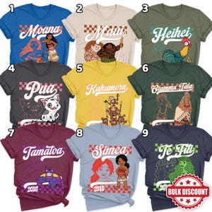 May include: A collection of nine short-sleeved t-shirts featuring characters and text from the animated film "Moana." Each shirt has a different design, including characters like Moana, Maui, Heihei, Pua, and Tamatoa, with text such as "Moana," "Maui," and "2016."