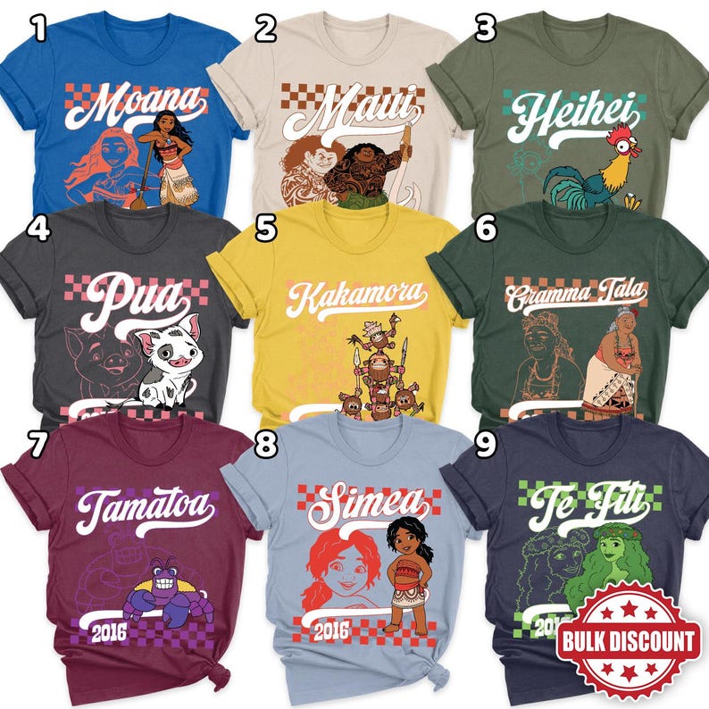 May include: A collection of nine short-sleeved t-shirts featuring characters and text from the animated film "Moana." Each shirt has a different design, including characters like Moana, Maui, Heihei, Pua, and Tamatoa, with text such as "Moana," "Maui," and "2016."