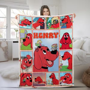 May include: A fleece blanket featuring a collage of Clifford the Big Red Dog illustrations and the name HENRY in large red letters. The design includes multiple panels showing the red dog with a blonde character in various scenes with books.