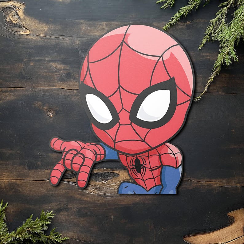 Pode incluir: Uma figura de desenho animado do Homem-Aranha, com um esquema de cores vermelho e azul e um padr&atilde;o de teia de aranha na cabe&ccedil;a e no torso. A figura est&aacute; apontando com uma m&atilde;o, com olhos brancos grandes e um emblema de aranha preta no peito.