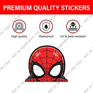 May include: A red and black Spider-Man sticker with the text "PREMIUM QUALITY STICKERS". The sticker is high quality, waterproof, and UV & heat resistant. The sticker has a cartoon illustration of Spider-Man's head.