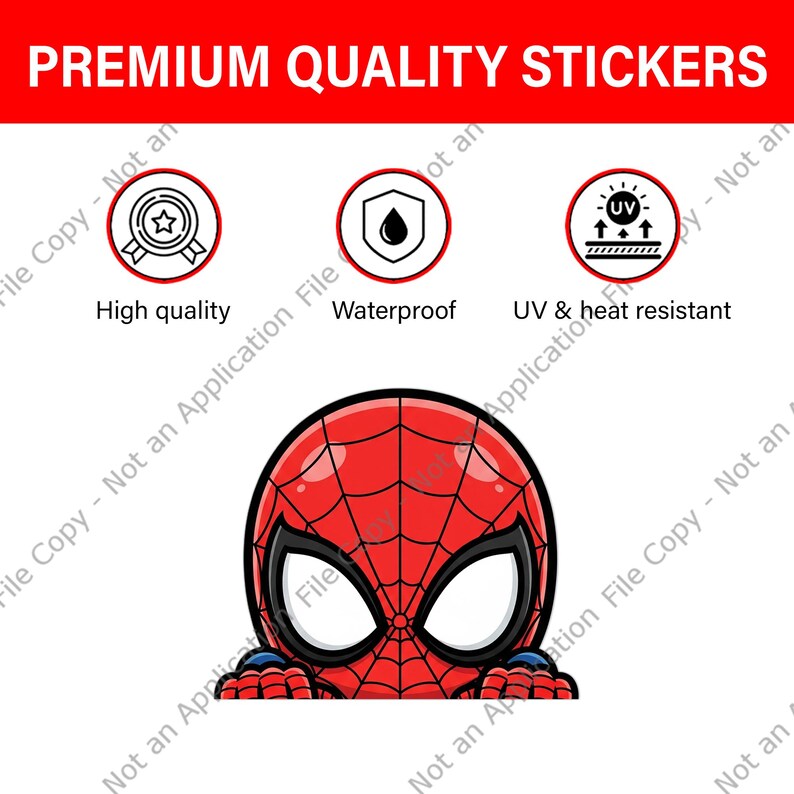 May include: A red and black Spider-Man sticker with the text "PREMIUM QUALITY STICKERS". The sticker is high quality, waterproof, and UV & heat resistant. The sticker has a cartoon illustration of Spider-Man's head.