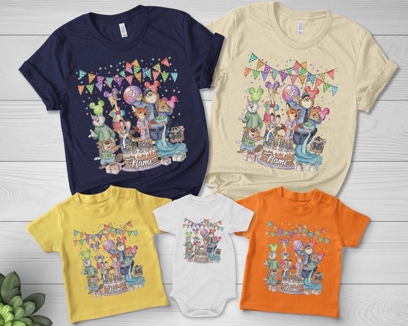May include: A collection of colorful t-shirts and a onesie featuring a birthday party design with cartoon characters, a cake, and the word "Name". The shirts are navy, yellow, orange, and beige.