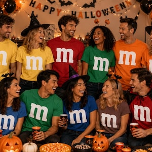 May include: A group of people wearing colorful t-shirts, each featuring a large white lowercase letter m on the front. The shirts are in yellow, red, green, orange, blue, and brown. Some individuals wear witch hats or headbands with bat or pumpkin accents.