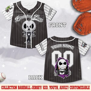 May include: A black and white baseball jersey with pinstripes, featuring a Jack Skellington design. The front says "Birthday Boy" and the back has "Your Name" and the number 00. The sleeves have white stripes and the word "Your".