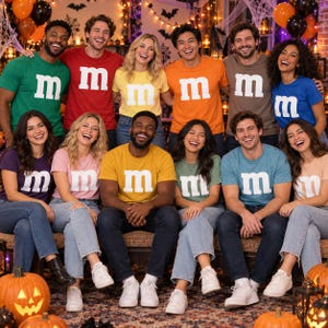 May include: A group of people wearing various colored t-shirts, each featuring a large white lowercase letter m on the chest. The shirts are in shades of green, red, yellow, orange, brown, blue, purple, pink, mustard, sage, teal, and peach.