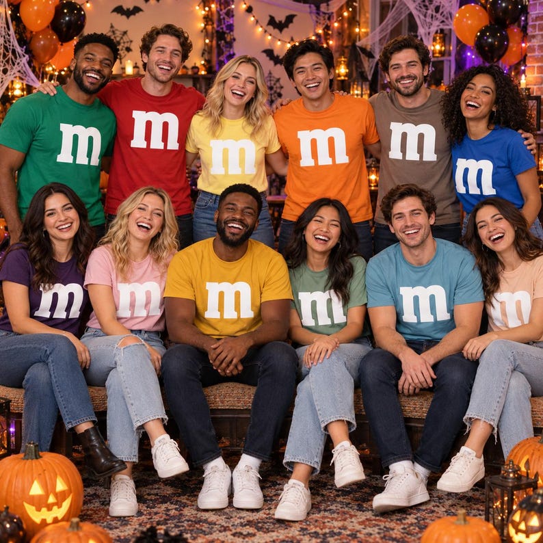 May include: A group of people wearing various colored t-shirts, each featuring a large white lowercase letter m on the chest. The shirts are in shades of green, red, yellow, orange, brown, blue, purple, pink, mustard, sage, teal, and peach.